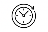 Black and white Line icon of A Clock with the nearly complete circle that has a arrow going clockwise