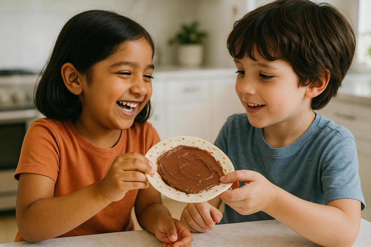 Keep this exact image but roti must be thin white and cooked and have nutella on it