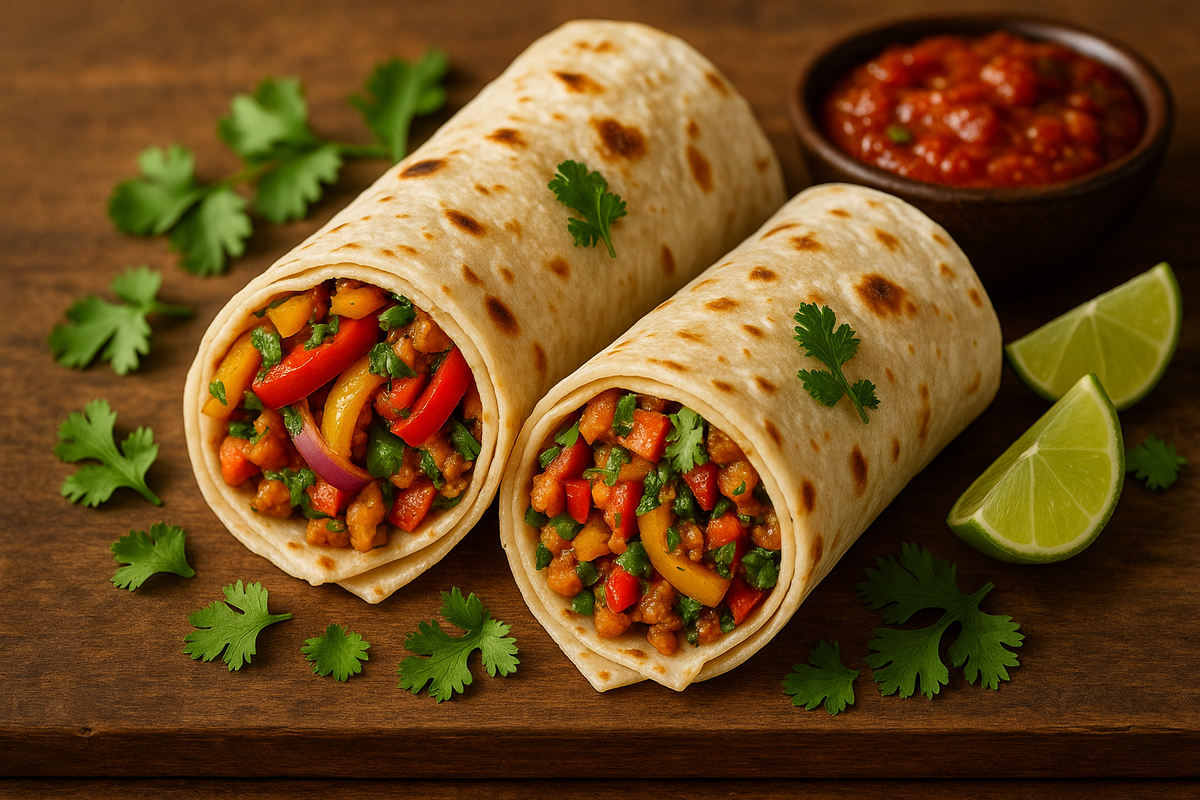 Roti wrapped made with thin white roti thats cooked. With Vegetable fillings. Make it a MExican indian Roti wrap.