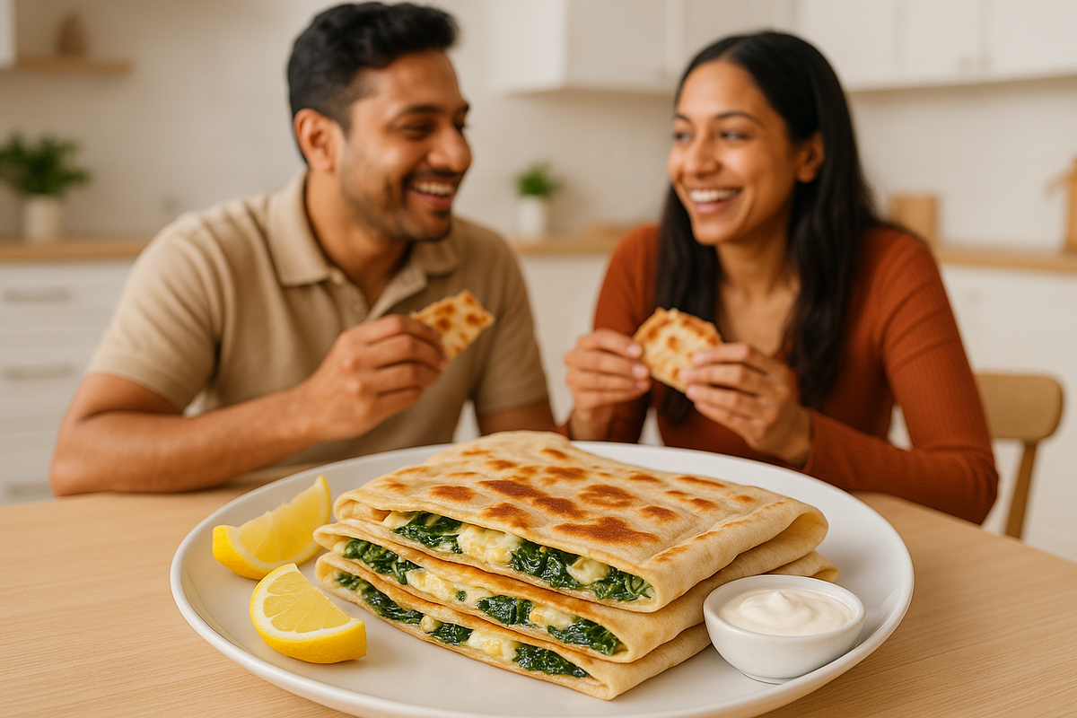 Spinach, cheese, and feta gozleme made using soft, thin white rotis — folded, golden, and lightly toasted with visible melted cheese and spinach inside. Served on a modern white plate with lemon wedges and a small bowl of yogurt sauce. In the background, a happy Indian family (or couple) sitting at a bright, modern kitchen table enjoying the gozleme together. Warm, natural lighting, cozy atmosphere, lifestyle food photography style, realistic and appetizing