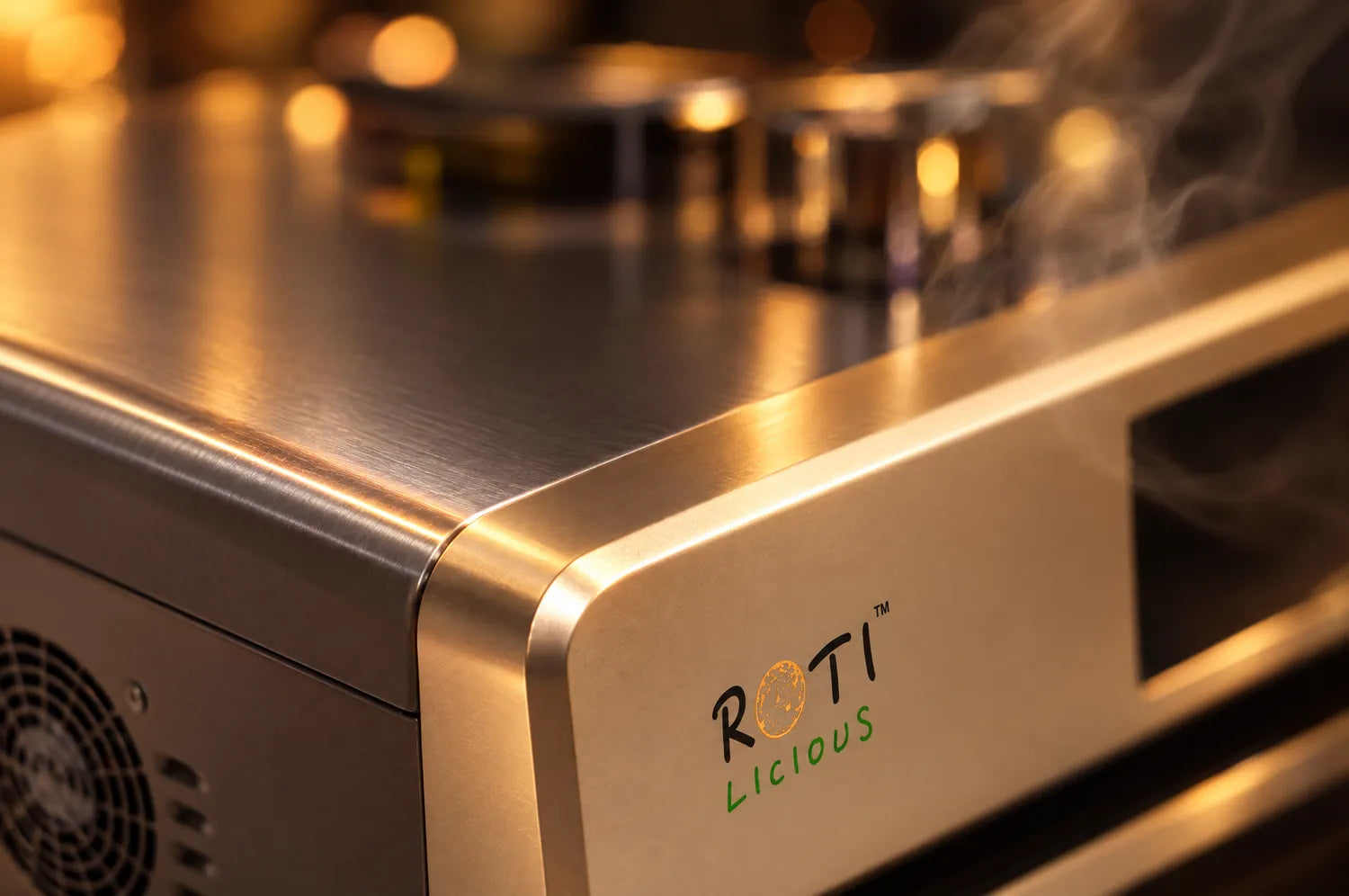 Close-up of the Rotilicious Gen 2 champagne-gold front panel and logo