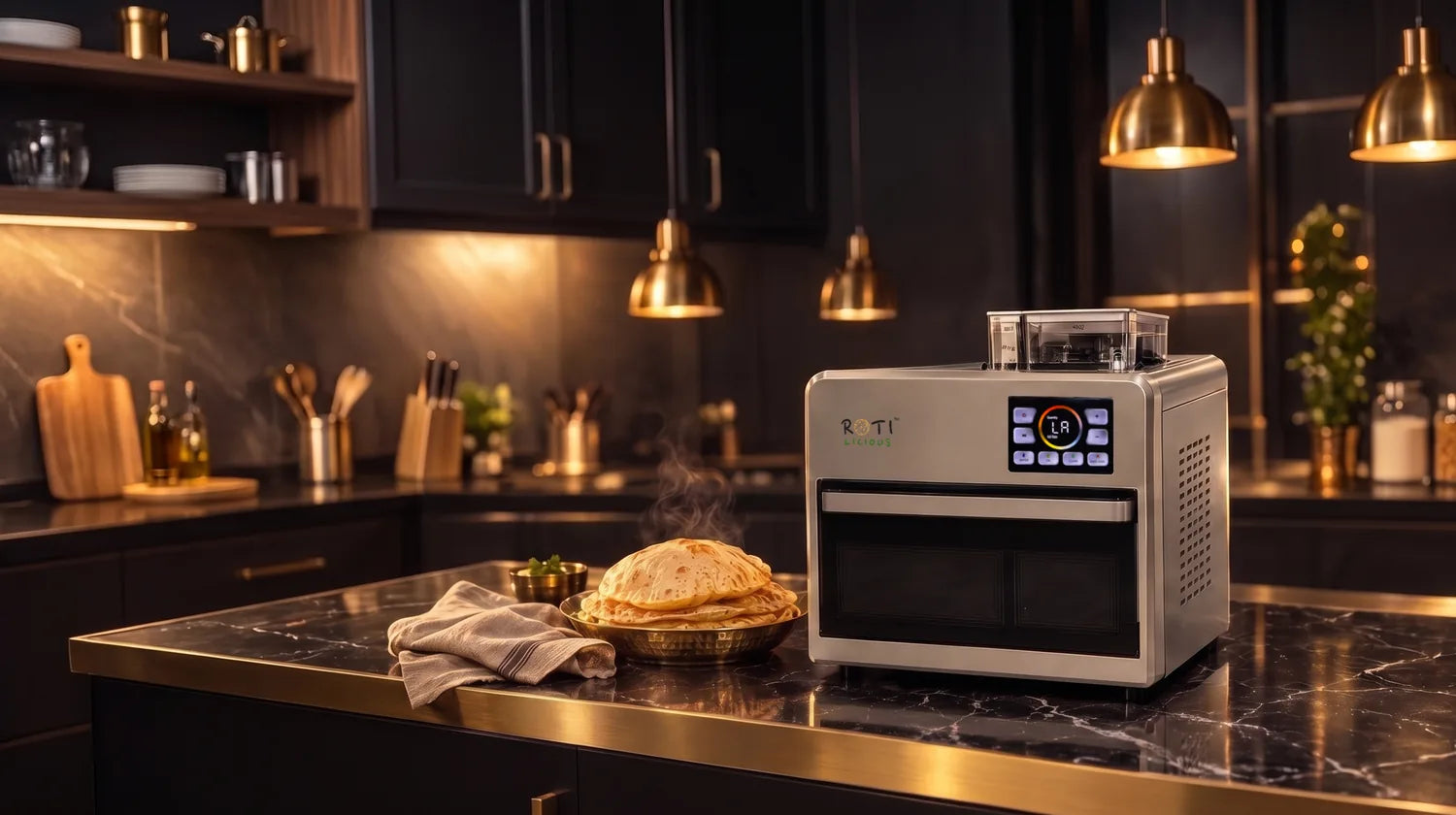 Rotilicious Gen 2 roti maker on a black marble counter beside fresh rotis