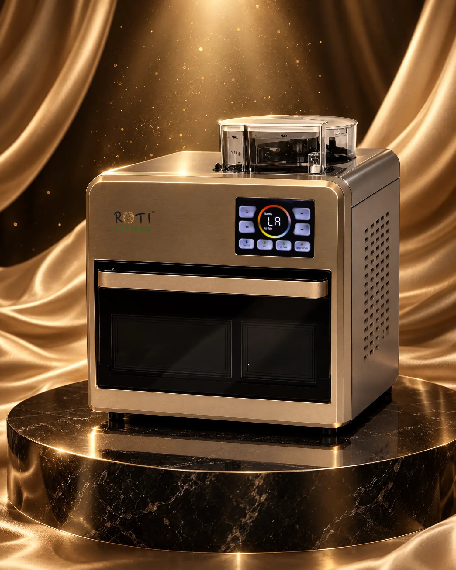 Rotilicious Gen 2 on a black stone plinth against champagne silk