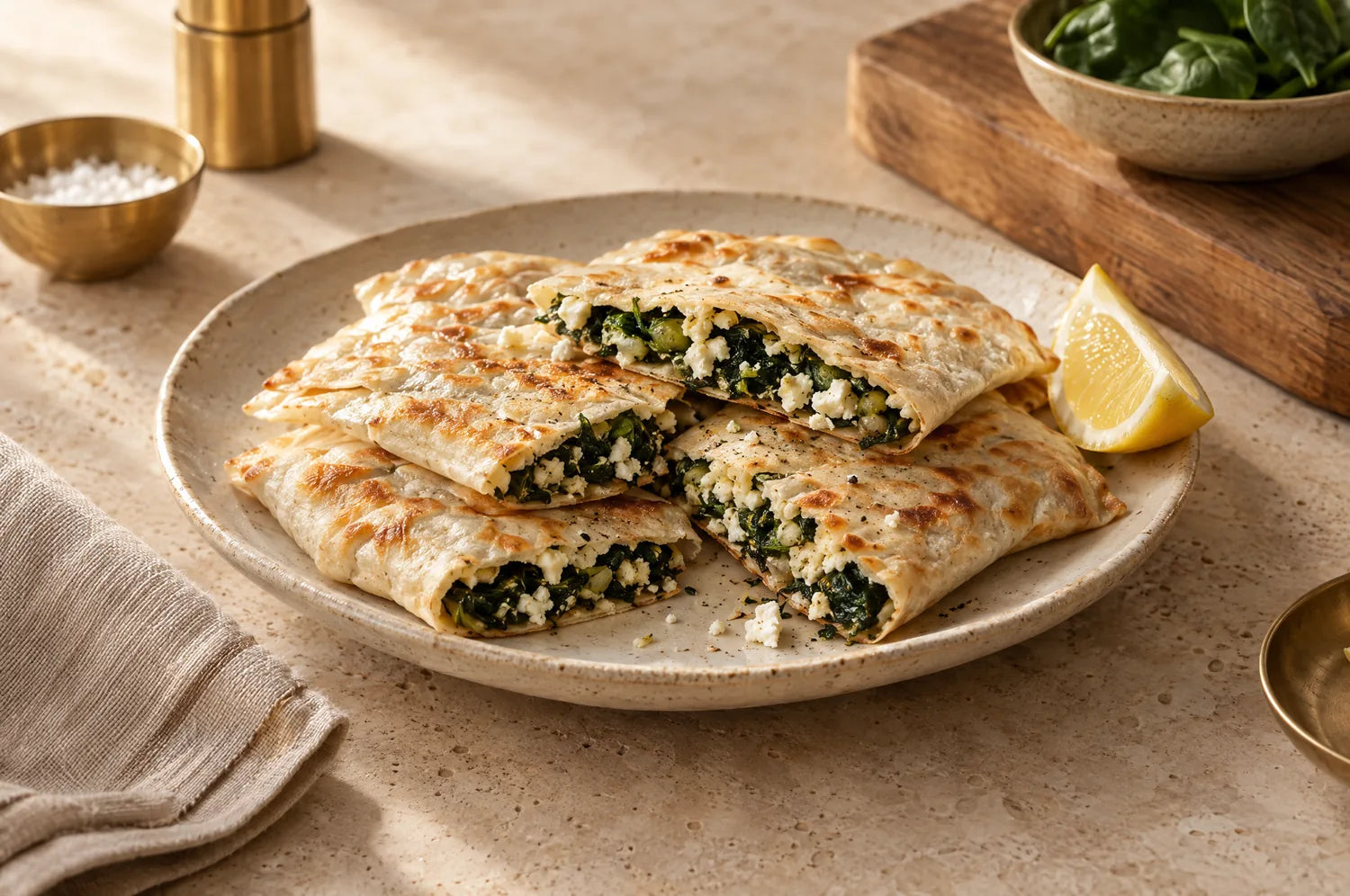 Spinach and feta gozleme made with a roti