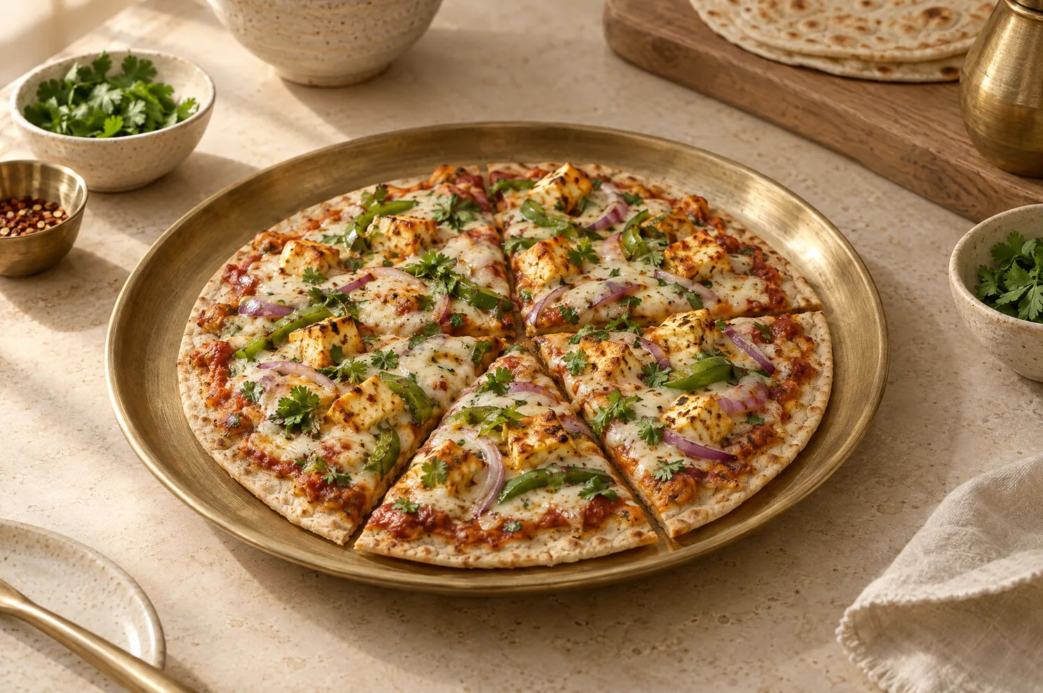 Roti pizza topped with paneer, capsicum, red onion and coriander