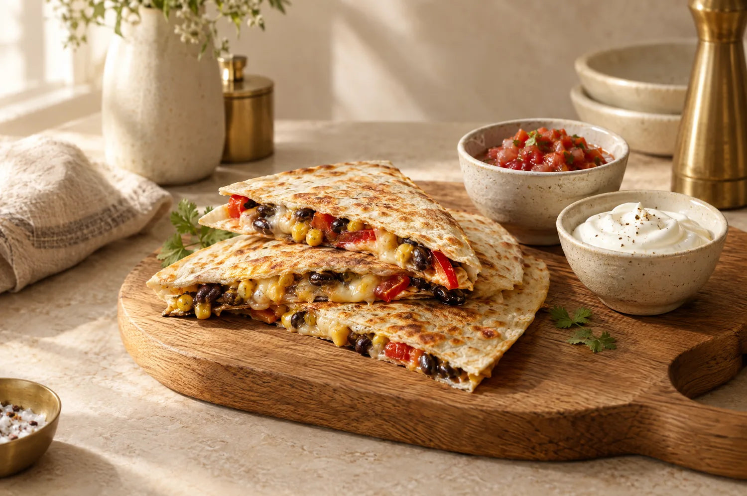 Roti quesadilla with cheese, black beans, corn and capsicum, with salsa and sour cream