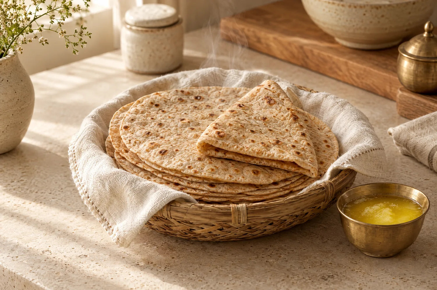 A basket of soft, fresh rotis made with Rotilicious