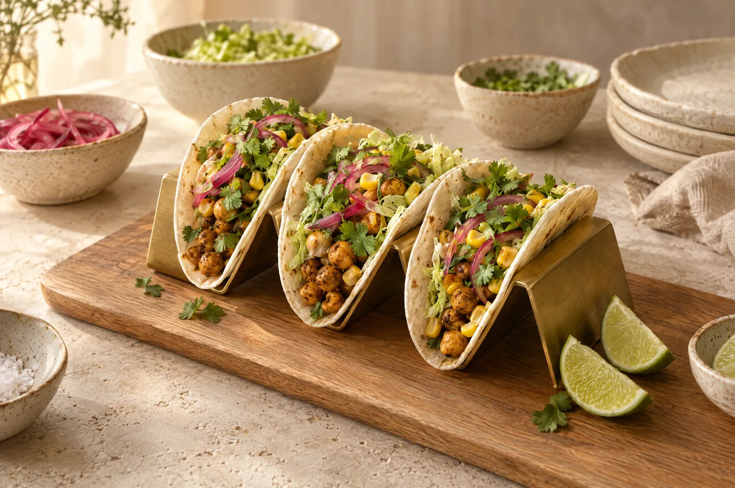 Soft roti tacos with spiced chickpeas, corn and pickled onion