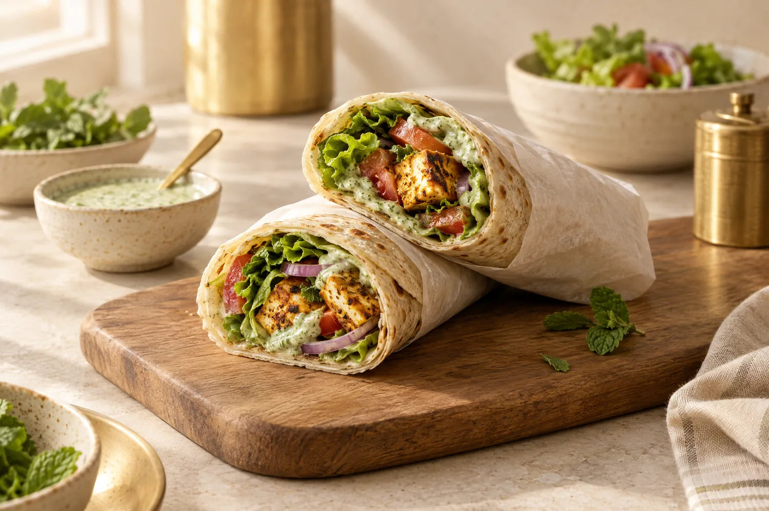 Roti wraps filled with grilled paneer, salad and mint yoghurt